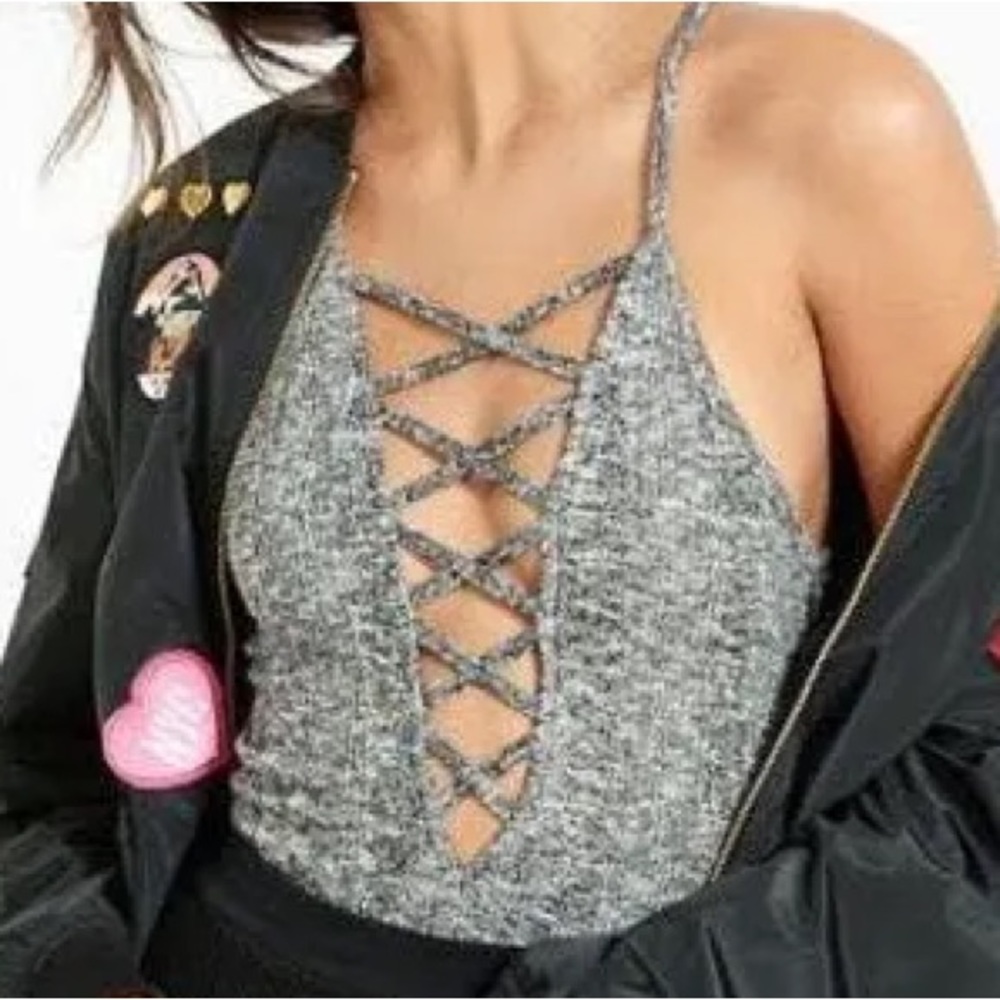 Express 111 Marled Gray Criss Cross Lace Up Thong Bodysuit